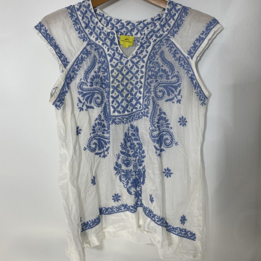 Roberta Roller Rabbit White Blue Embroidered Cotton Tunic‎ Small Boho Cap Sleeve